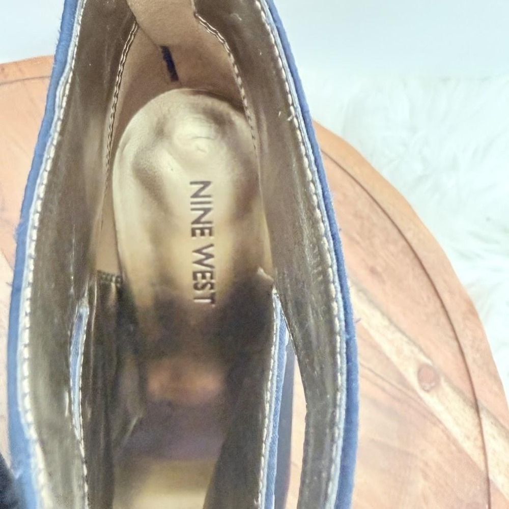 Nine West Navy Blue Satin Crystal Embellished Peep Toe Booties Heels Size 7M - Picture 12 of 12